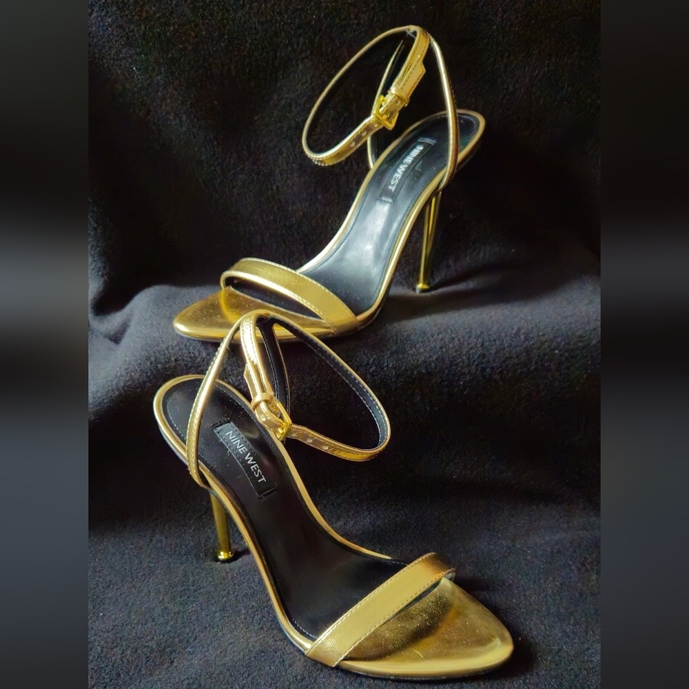 Nine West Renia Metallic Gold Ankle Strap Stiletto Sandals - Size 5M